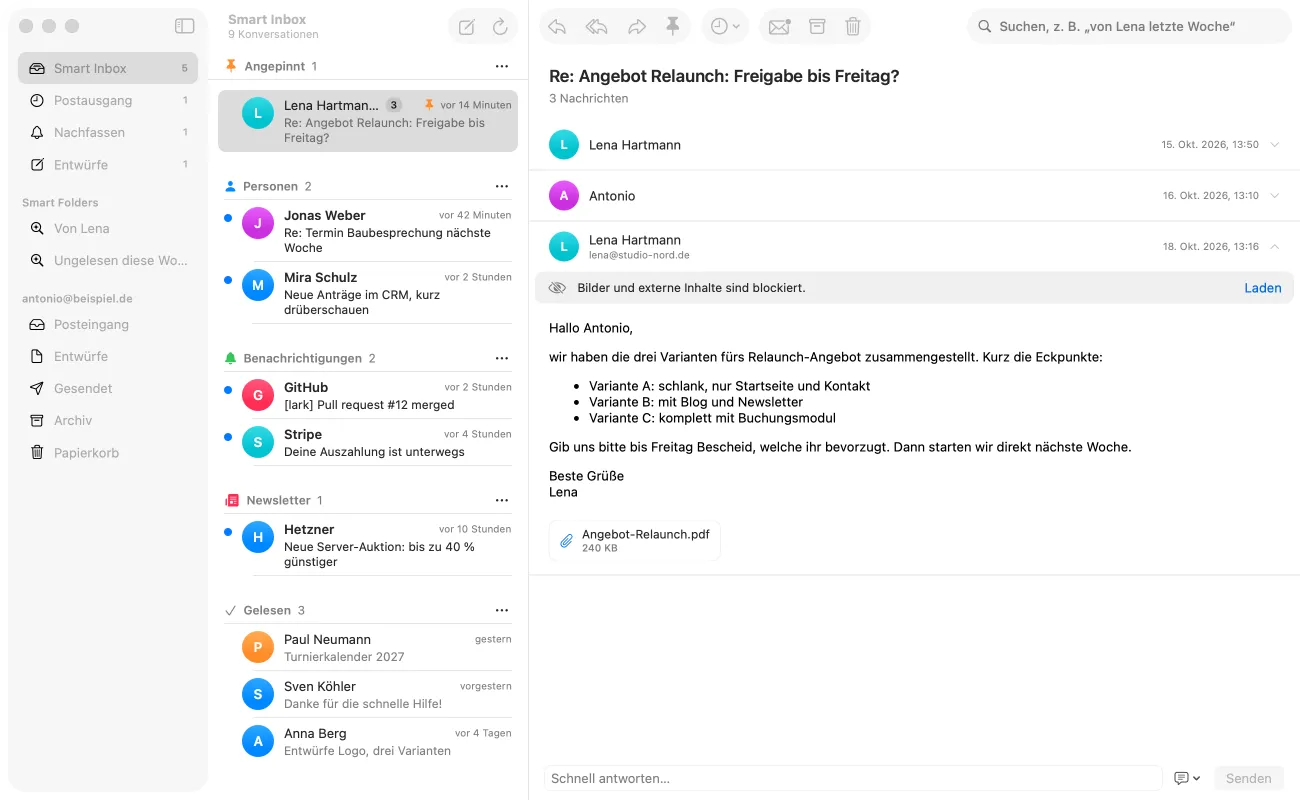 Die Smart Inbox von Iris: links die Ordner, in der Mitte die gruppierte Liste, rechts eine geöffnete Konversation